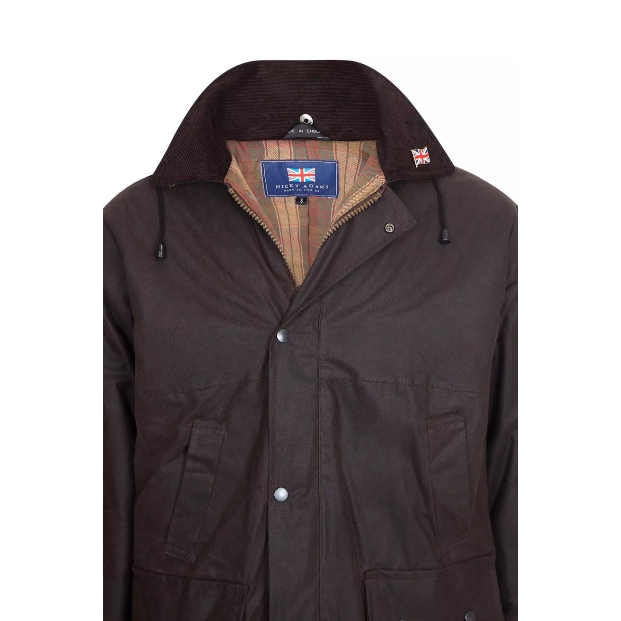 Nicky Adams men's brown padded wax jacket with hood, corduroy collar, and multiple pockets – classic British country outerwear